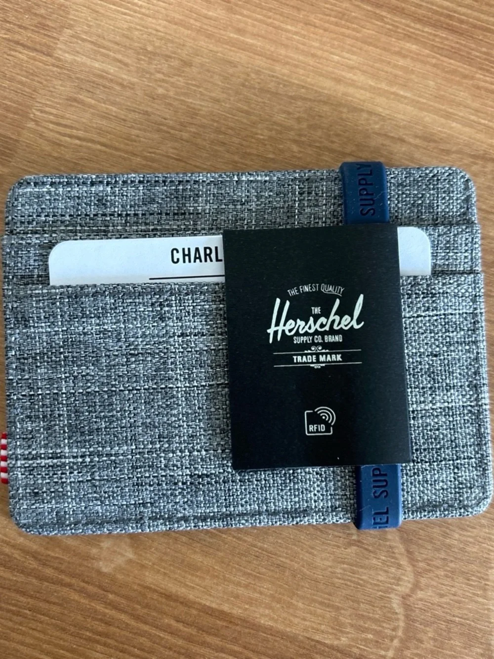 Herschel Gray Fabric Card Sleeve with Navy Elastic
